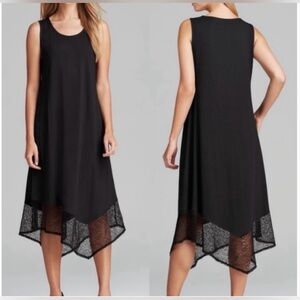 Eileen Fisher XS Black Sleeveless Dress Asymmetrical Lace Trim Bottom Flowy